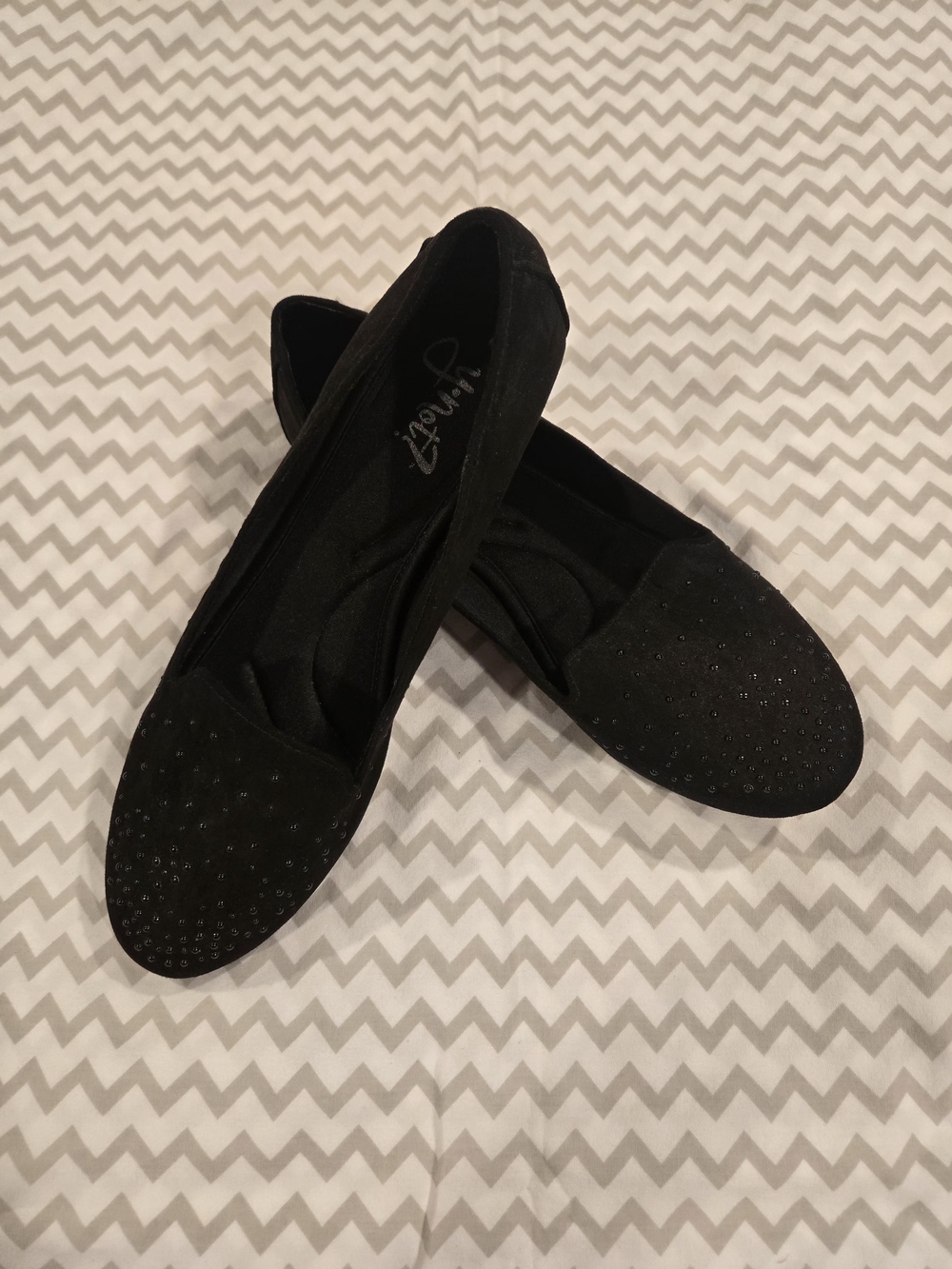 Y•Not? Black Women's Ballet Flats with Black Rhinestone Crystal Accents